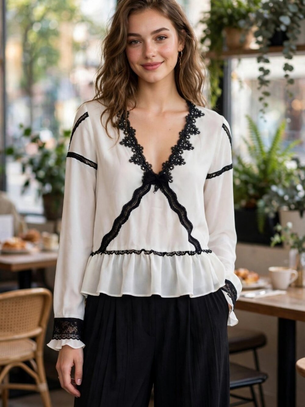 Zara White Long-Sleeve Blouse with Black Lace Trim